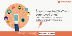 Freecharge Rs 100 cb on postpaid recharge of Rs 400