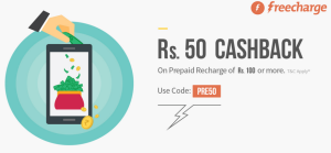 freecharge Rs 50 cashback on Rs 100 prepaid mobile recharge