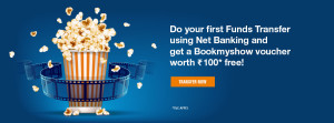 ICICI Bookmyshow Offer- Do your first funds transfer using ICICI Bank Internet Banking and get a Book My Show voucher worth Rs 100 absolutely free