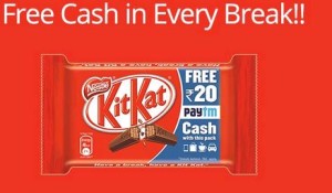 Paytm- Get upto Rs 20 Paytm Cash on each Pack of Kit Kat