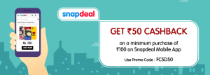 Snapdeal App- Get flat Rs 50 Freecharge cashback on purchasing worth Rs 100 or more