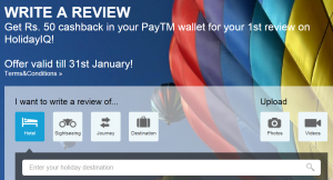 paytm holidayiq write review get Rs 50 paytm cash