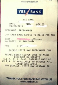 yes bank freecharge atm 20 cashback coupon