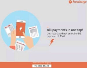 Freecharge- Get Rs.100 cashback on Utility Bill Payment of Rs.500 or more