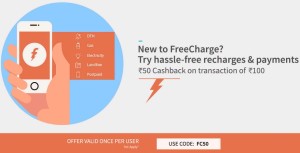 Freecharge- Get Rs.50 cashback on Rs.100 Recharges & Bill payments (New users)