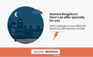 Freecharge- Get flat 10 cashback on BESCOM Electricity bill payment of Rs 300 or more