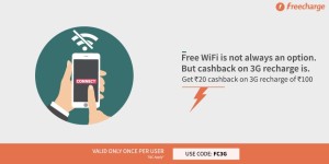 Freecharge- Get flat Rs 20 cashback on 3G data recharge of Rs 100 or more (All Users)