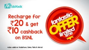 Mobikwik Bsnl Rs 10 cb on Rs 20