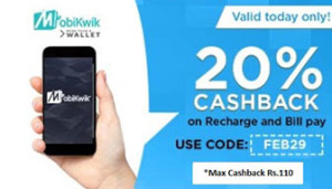 Mobikwik- Get flat 20% cashback on recharge or bill payment of Rs 20 or more (All users)