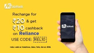 Mobikwik Reliance Rs 10 cb on Rs 20