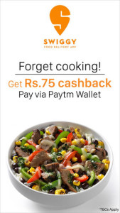 Swiggy- Get Rs 75 cashback on Ordering food worth Rs 500 or more via Paytm