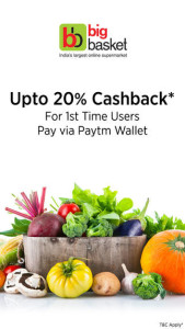 Bigbasket- Get flat 20 cashback on first time paying via Paytm wallet