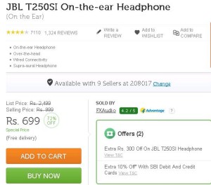 Flipkart Buy JBL T250SI On the ear Headphone at just Rs 699 only