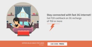 Freecharge Get Rs 20 cb on 3G recharge of Rs 50 (All users)