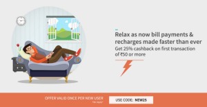 Freecharge Get flat 25% cb on recharge or bill payment of Rs 50 (New users)