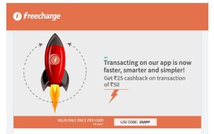 Freecharge- Get flat Rs 25 cashback on recharge or bill payment of Rs 50 (Account Specific)