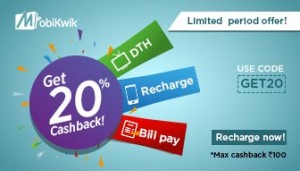 Mobikwik- Get flat 20 cashback on recharge or bill payment of Rs 50 or more (Selected Users)