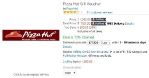 Amazon- Buy Pizza Hut Gift Voucher