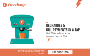 Freecharge- Get flat Rs 30 cashback on recharge of Rs 50 or more (Account Specific)