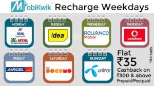 MobiKwik Recharge Week- Get Flat Rs 35 Cashback on Recharge & Bill Pay of Rs 300 & above on a New Operator Each Day (Select Users)