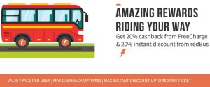 Red Bus- Get Flat 20% Off on Ticket Booking on Red Bus + 20% cashback via FreeCharge Wallet (Max Rs 50)