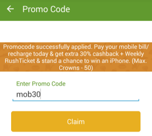 crownit MOB30 Code 17th April 30 cashback on recharges