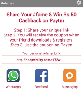 fame app get your referral link, share to get paytm coupon