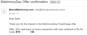 matrimony day freecharge mail