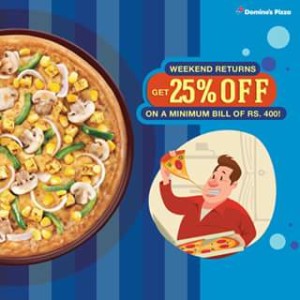 Dominos- Get flat 25 or Rs 100 off on Orders worth Rs 400 or more + extra 20 cashback