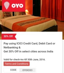 OYO Rooms- Get Flat 30% Off on Minimum Booking of Rs 1000 via ICICI Bank Cards and Net Banking