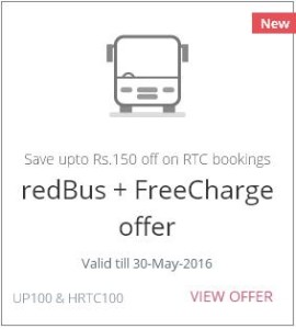 Redbus- Get Flat Rs 100 Off on Bus ticket bookings (UPSRTC & HRTC buses) +20% Cashback via Freecharge