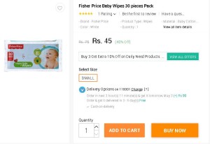 Snapdeal- Fisher Price Baby Wipes (30 pieces) Pack1