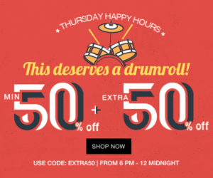 Jabong Happy Hours- Get flat 50 off + extra 50 off (Till 12 Midnight)