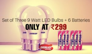 Paytm- Buy Eveready 9W LED Bulb Pack of 3 with 6 Free Battery at Rs 324 only