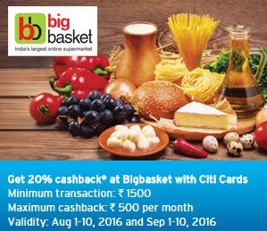 Bigbasket Get 20 cb on paying via Citi bank cards