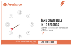 Freecharge Get 100 cb on recharge or bill payment of Rs 50 or more (Acc.Spe)