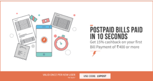 Freecharge- Get Flat 15% cashback on Postpaid Bill Payment of Rs 400 or more (New users)