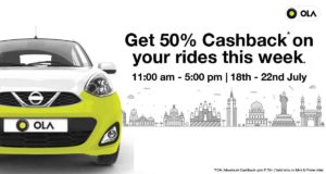 Ola Cabs- Get flat 50% cashback on your Ola Mine & Prime rides this Week