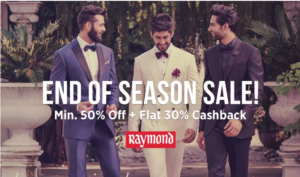 Paytm End of Season Sale - Get Upto 60% Off + Additional 30% Cashback on Raymond, Wrangler, Jack & Jones & Lee