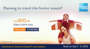 Jet Airways- Get flat Rs 800 off on your Domestic Flights via Amex cards