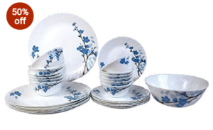 Larah By Borosil Mimosa Opalware Glass Dinner Set, 25-Pieces, White