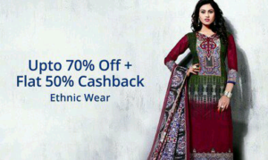 Upto 70% Off + Extra 50% Cashback On Ethnic Wear