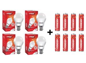 Eveready 9 W B22 LED Bulb (White, Pack of 4) + 8 Free Batteries