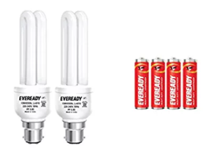 Eveready ELD 15-Watt CFL (White, Pack of 2) with free 4 'AA' Batteries