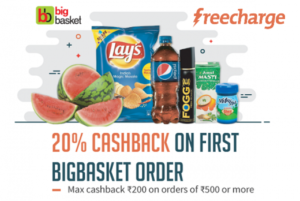 Freecharge- Get flat 20% Cashback on Rs. 500 & above on first transaction at bigbasket