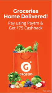 Grofers - Get Rs 75 cashback on 1st Ever Transaction via Paytm Wallet