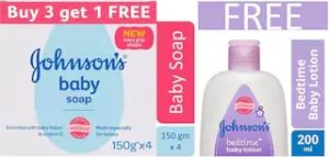 Johnson's Baby Soap 150gm (Buy 3 Get 1) + Johnson's Bedtime Lotion 200 ml Free for Rs 384