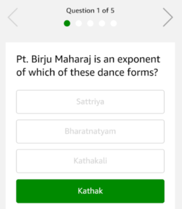 amazon dance quiz answer 5 questions and win Rs 12500 answers added