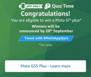 amazon quiz congratulations message moto g5s plus 29th august answers