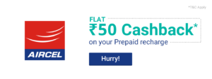 Phonepe- Get Flat ₹ 50/- Cashback on Aircel Prepaid Recharge above ₹ 100